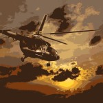 Helicopter landing at sunset